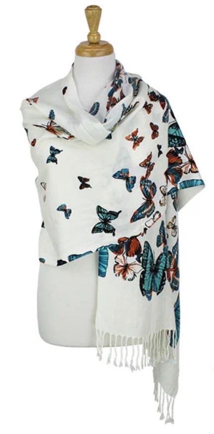 Butterfly Print Scarf, XL Pashmina Shawl Wrap, Lightweight Spring Scarf, Floral Boho Wrap, Gift for Her, Soft Fringe Scarf