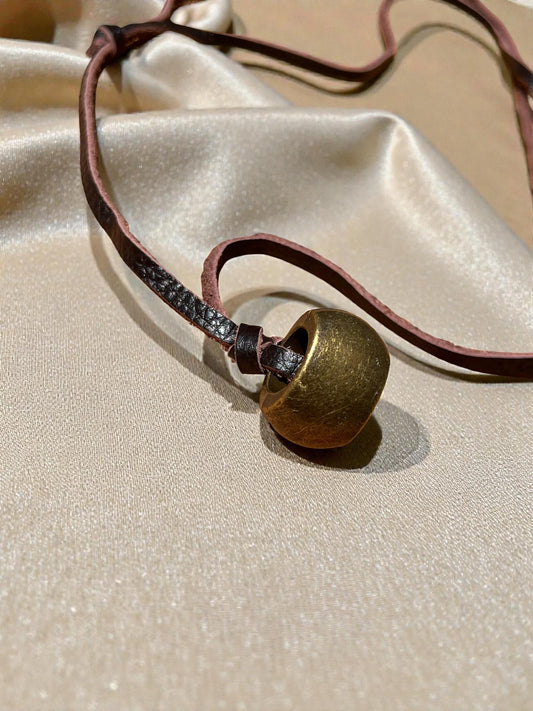 Rustic Leather Cord Pendant Necklace | Boho Leather Necklace with Antique Brass Bead | Minimalist Unisex Jewelry | Earthy Bohemian Necklace