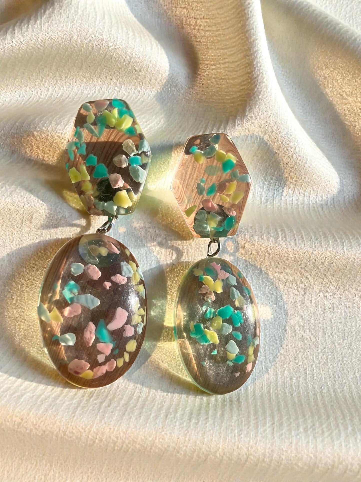 Abstract Terrazzo Resin Drop Earrings | 3” Lightweight Green Confetti Statement Earrings