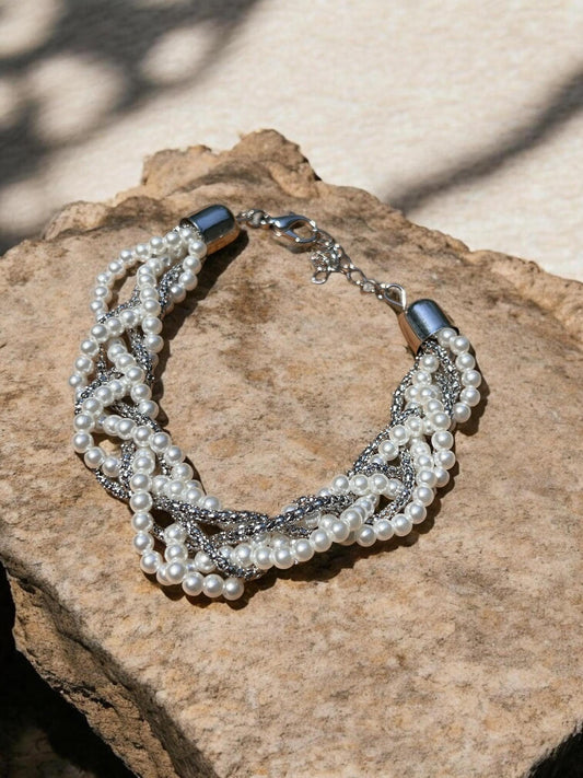 Ivory Pearl Jewelry Set, Bridal Necklace Bracelet Earrings, Woven Statement Set