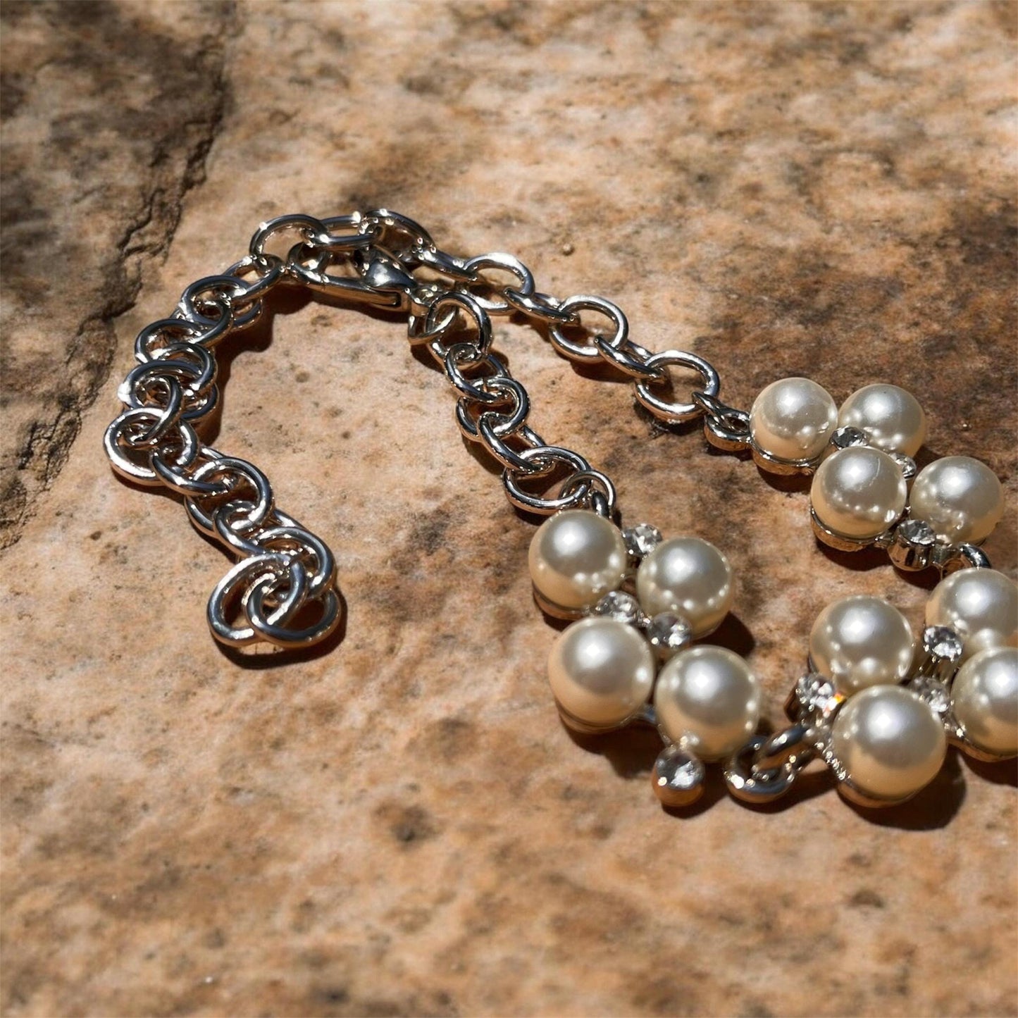 Pearl Bridal Jewelry Set, Necklace Bracelet, Rhinestone Accents, Silver Tone