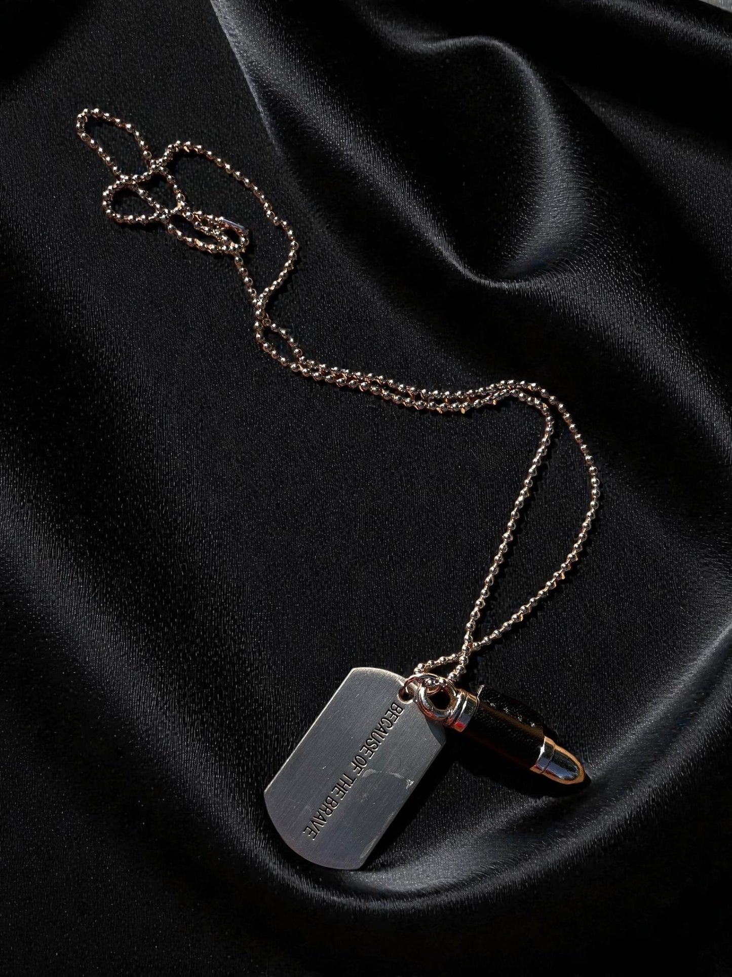 Because of the Brave Bullet & Dog Tag Necklace | Military Inspired Silver Pendant Necklace | Patriotic Unisex Jewelry | Memorial Gift