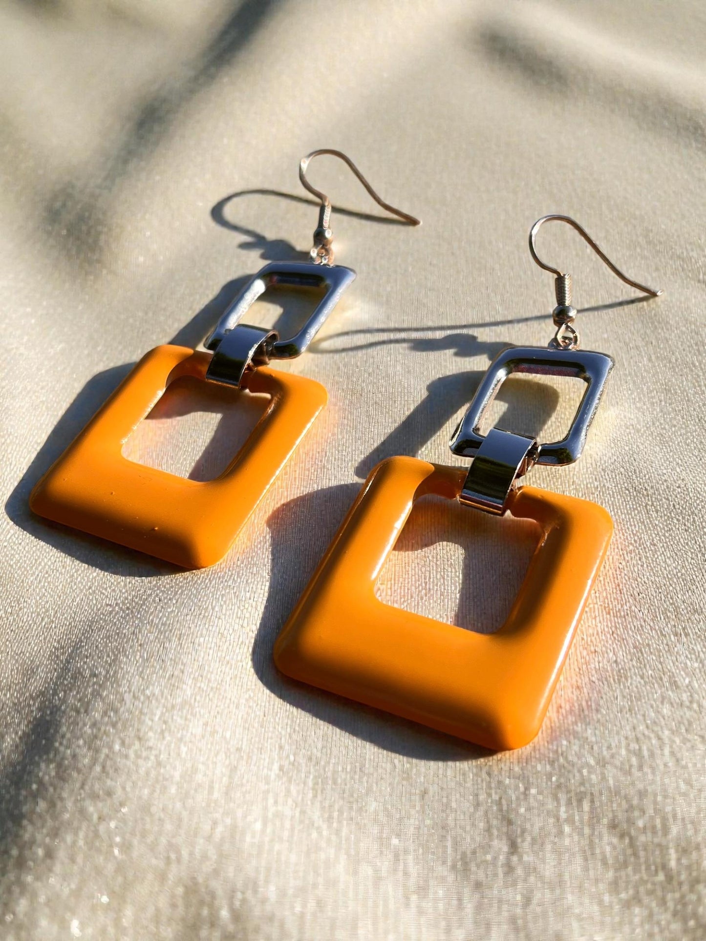 Modern Geometric Statement Earrings | 3” Lightweight Color Block Drop | Yellow & Silver Square Dangles