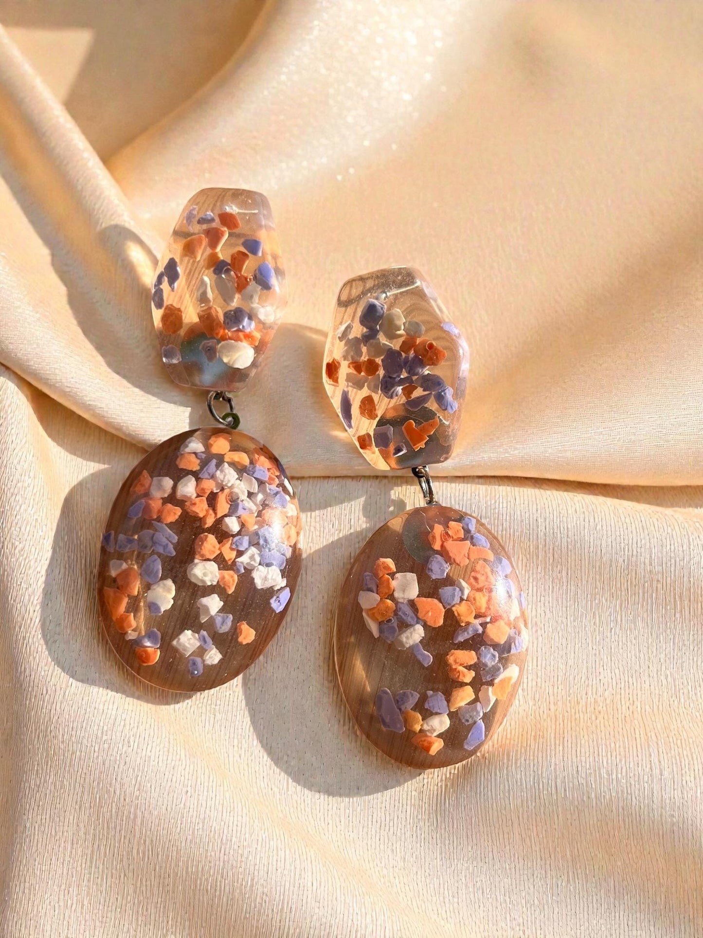 Abstract Terrazzo Resin Drop Earrings | 3” Lightweight Orange Confetti Statement Earrings