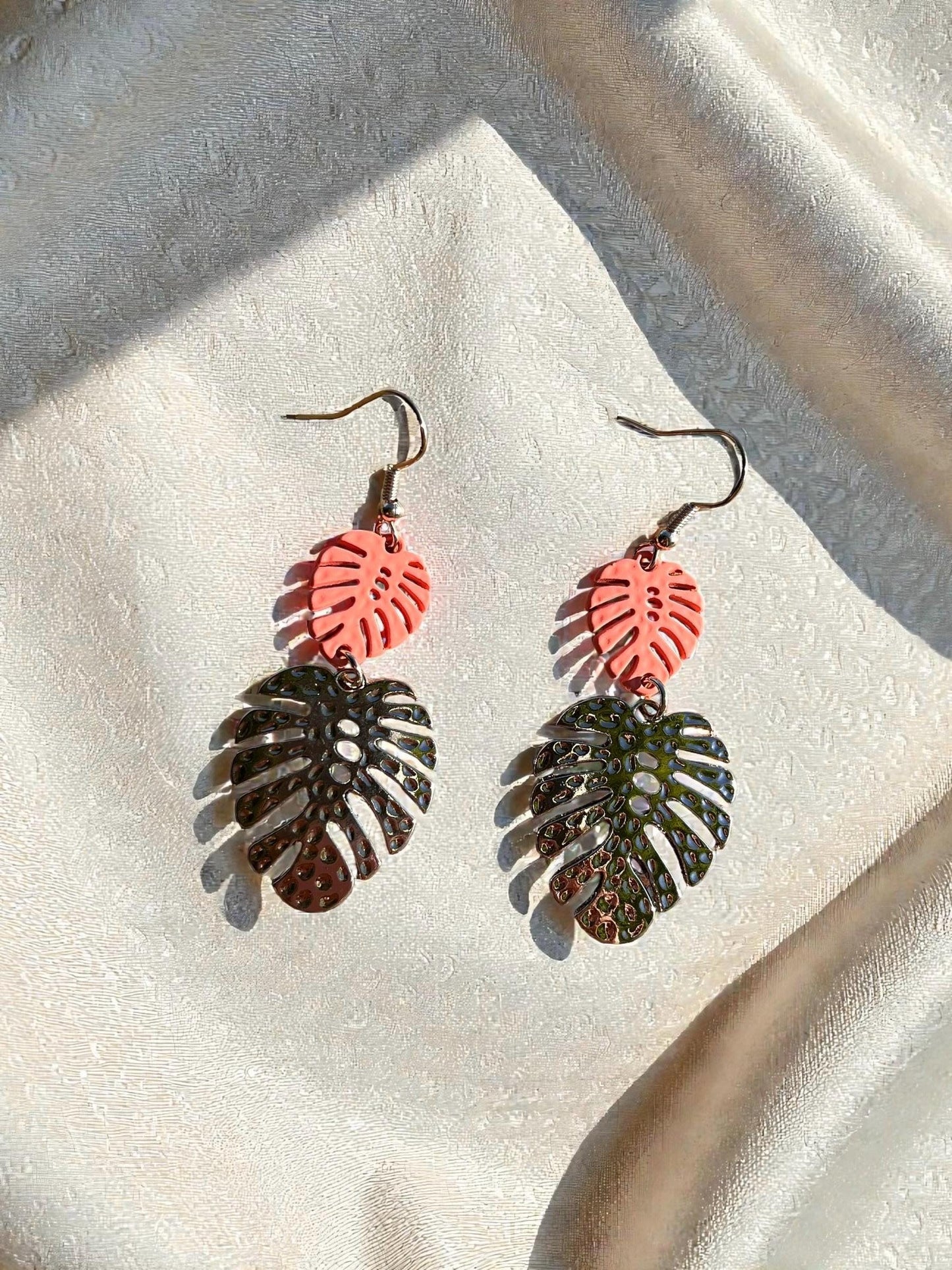 Palm Springs Leaf Drop Earrings | Orange & Hammered Silver Tropical Statement Earrings