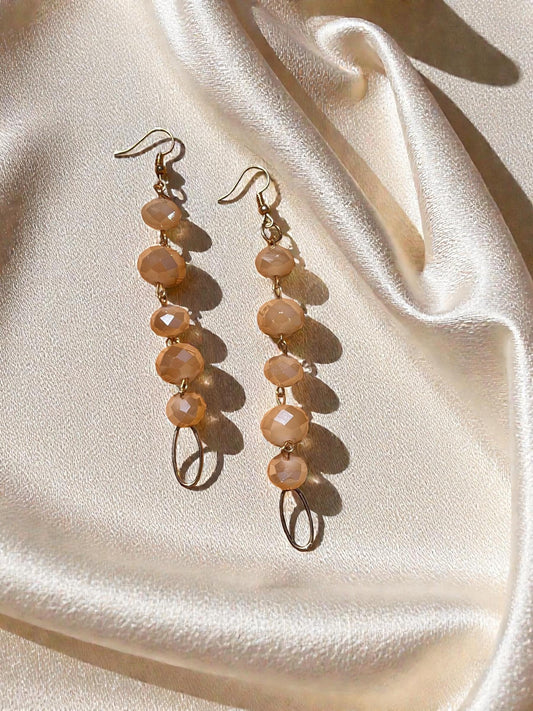 Champagne Nude Beaded Drop Earrings | Long Gold Dangle Earrings | Neutral Statement Earrings | Lightweight Glam Jewelry | Boutique Boho