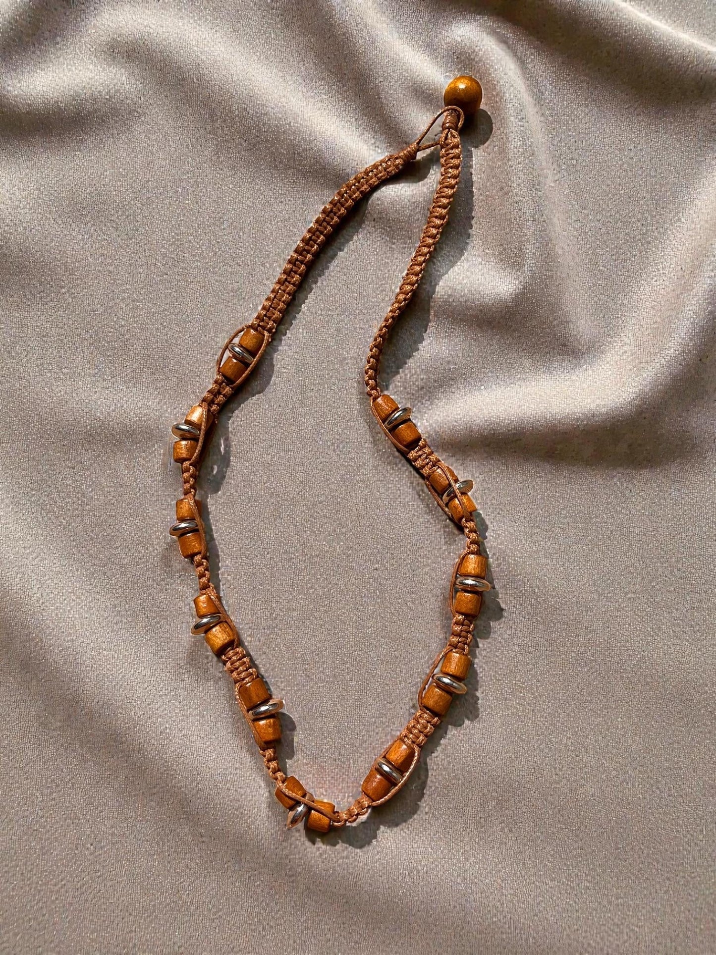 Boho Wood Bead Necklace, Woven Cord Beaded Necklace, Natural Wooden Jewelry, Earthy Festival Necklace, Unisex Bohemian Style