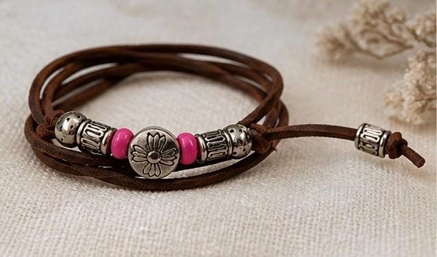 Boho Leather Wrap Bracelet for Men or Women, Brown Cord Bracelet with Pink Beads, Adjustable Rustic Jewelry, Minimalist Stackable Gift