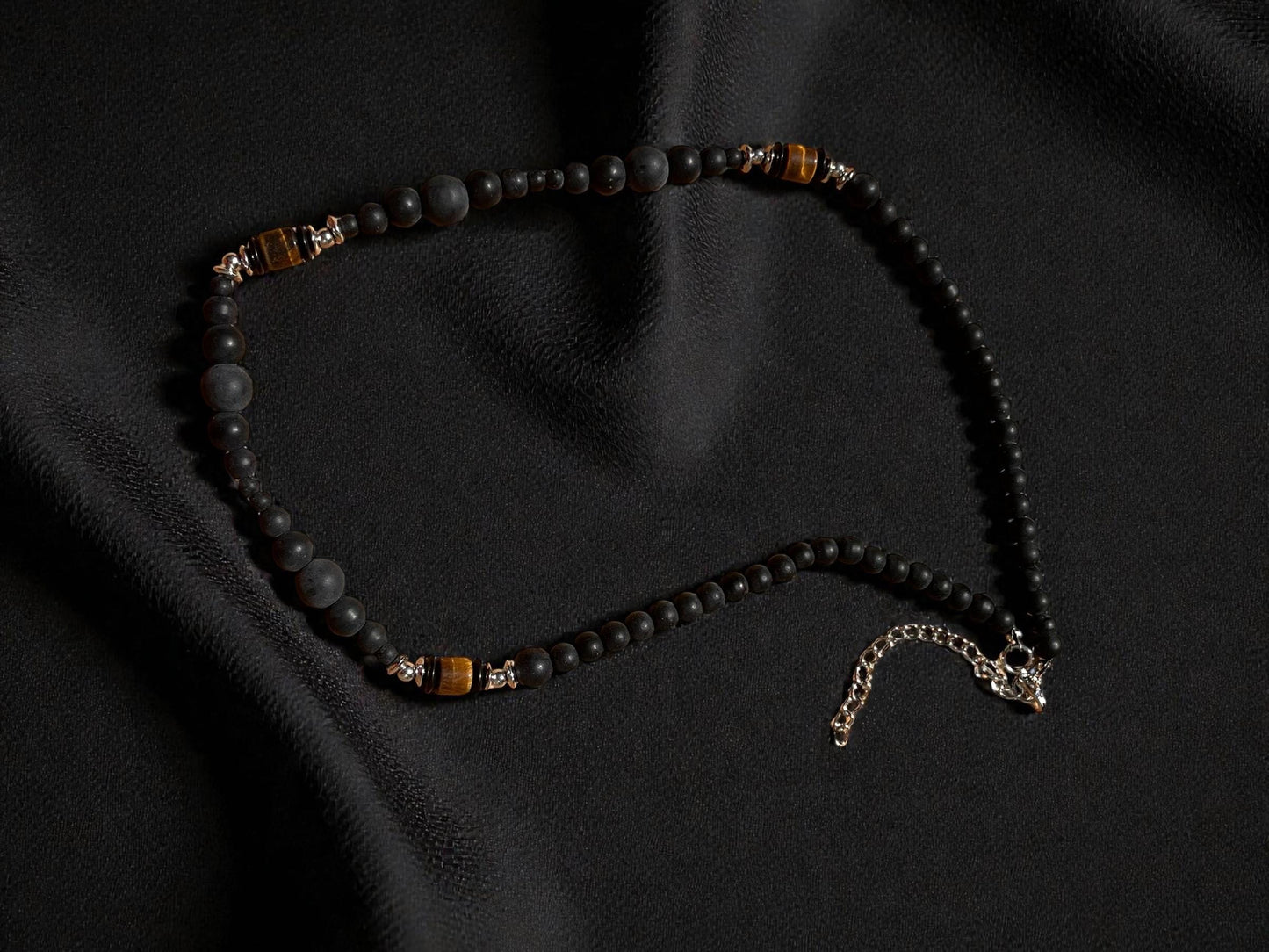 Men’s Black Beaded Necklace | Tiger Eye Accent Necklace | Minimalist Men’s Stone Necklace | Modern Boho Men’s Jewelry