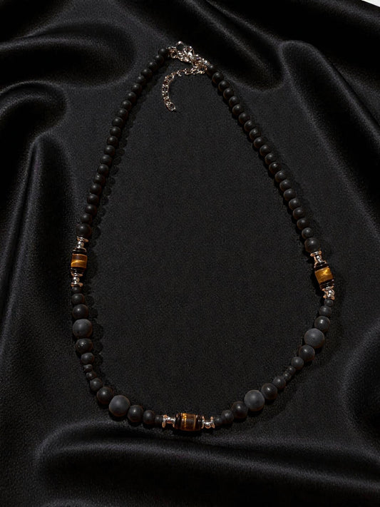 Men’s Black Beaded Necklace | Tiger Eye Accent Necklace | Minimalist Men’s Stone Necklace | Modern Boho Men’s Jewelry