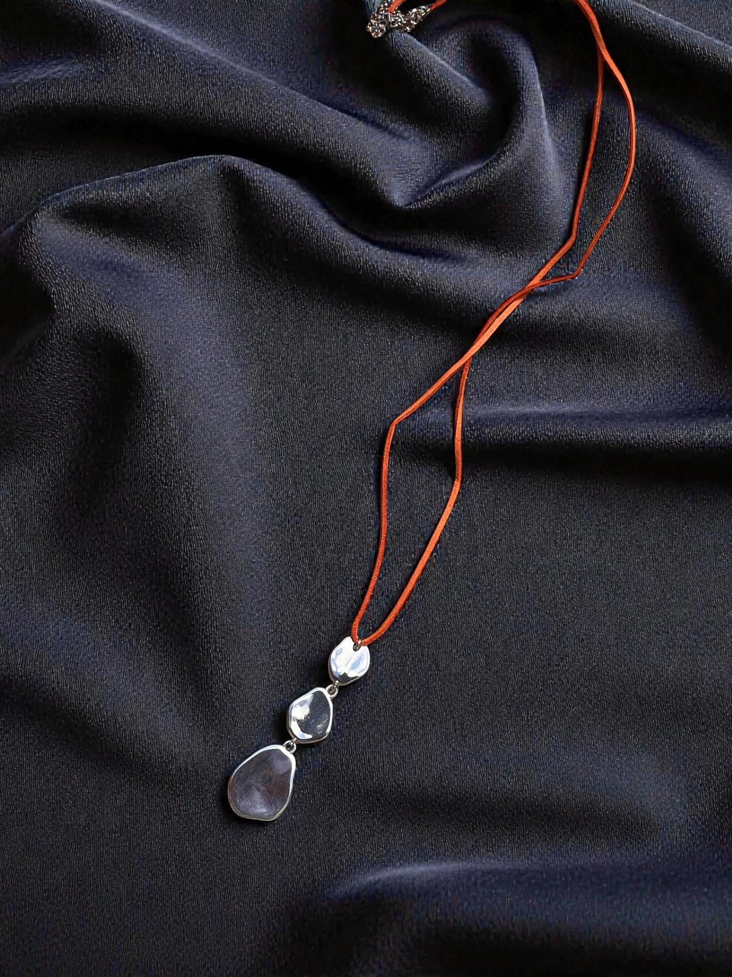 Abstract Silver Pendant Necklace | Modern Boho Leather Cord Necklace | Artisan Statement Jewelry | Minimalist Silver Drop Pendant