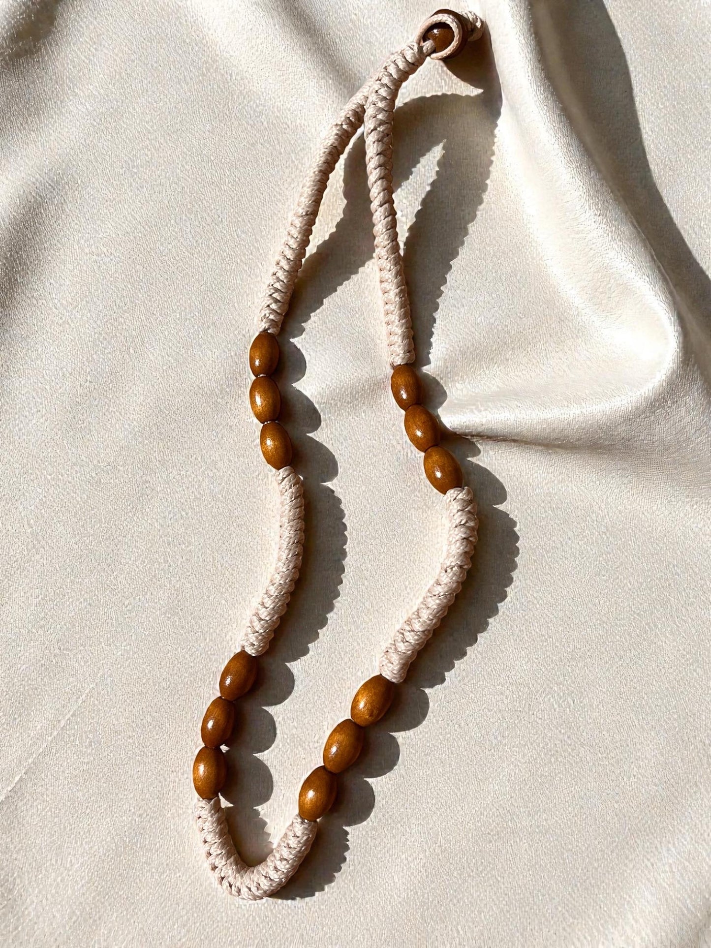 Cream Braided Cord Necklace with Wooden Beads | Neutral Boho Necklace | Minimalist Beach Jewelry | Lightweight Artisan Necklace