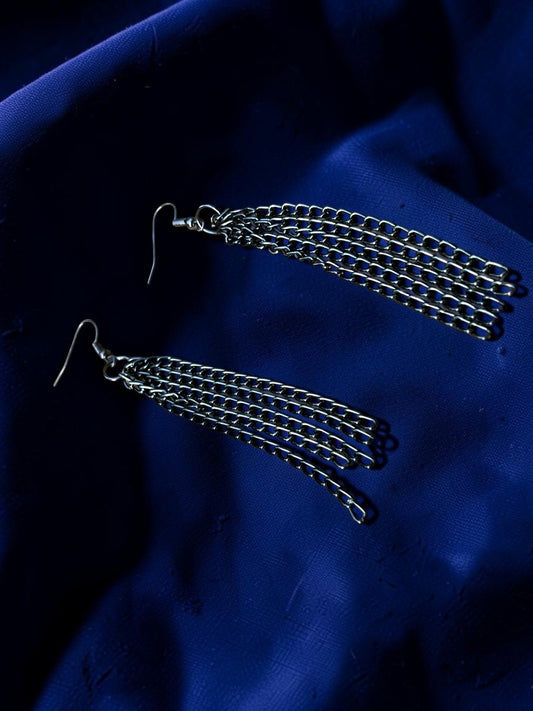 Long Dark Silver Chain Tassel Earrings | 4 Inch Statement Dangle Earrings | Lightweight Fringe Earrings | Handmade Gift for Her