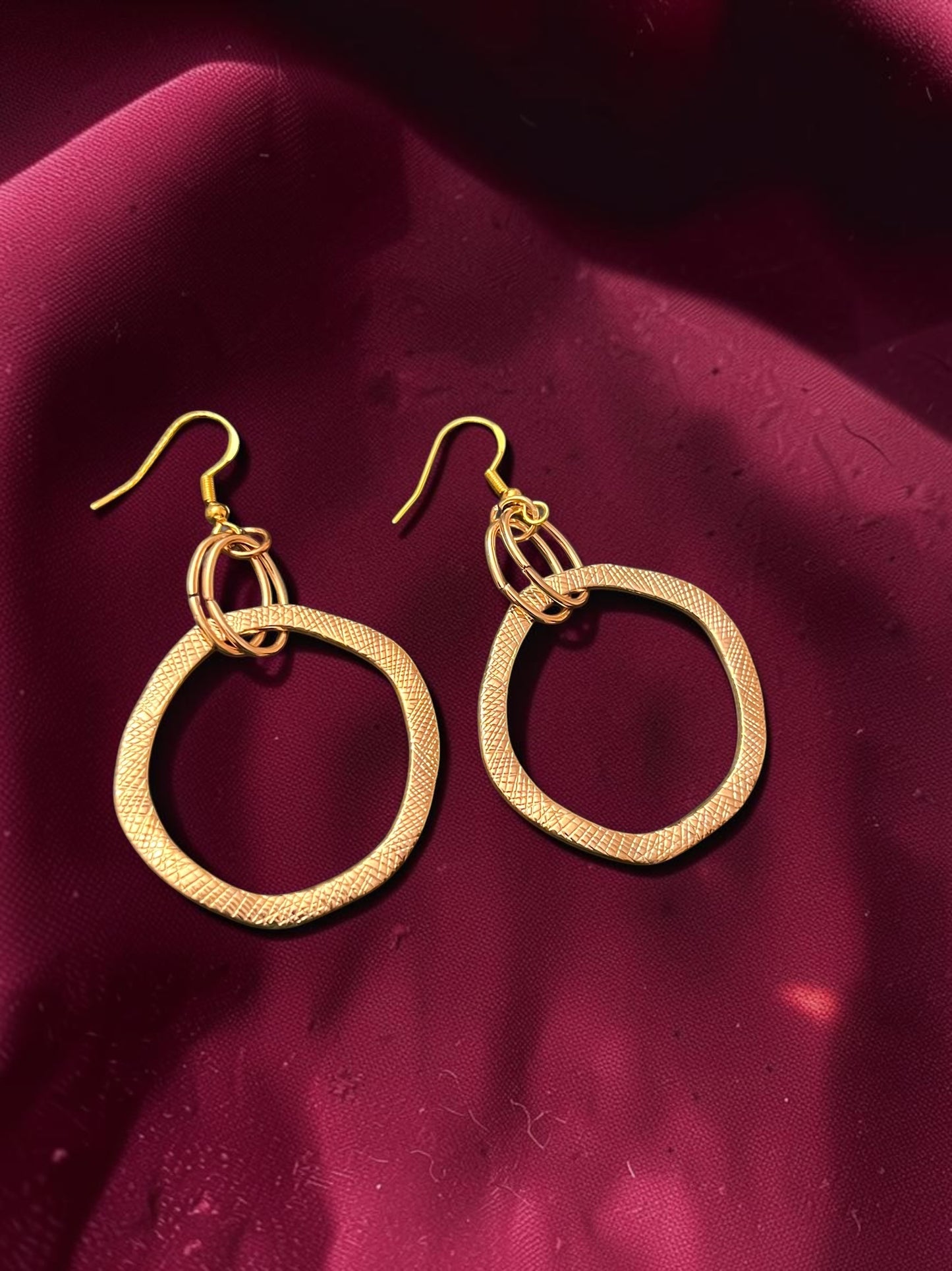 Textured Gold Circle Drop Earrings | Large 3 Inch Statement Dangle Earrings