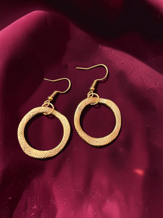 Textured Gold Circle Earrings | Everyday Gold Drop Earrings | Lightweight Dangle Earrings