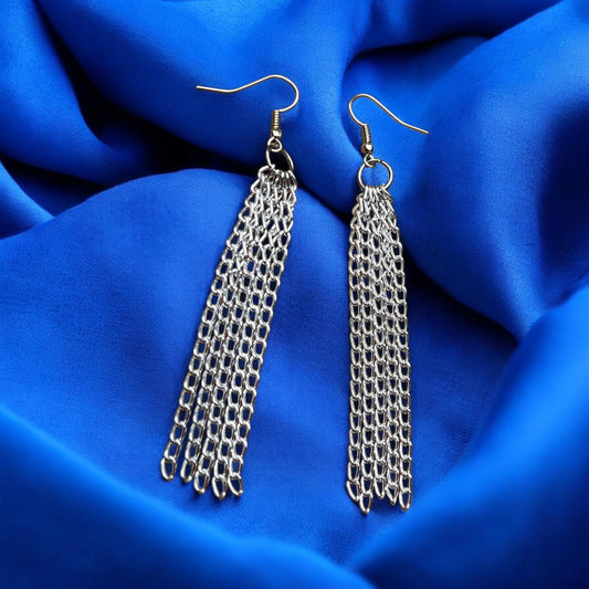Silver Chain Tassel Earrings | Long Fringe Statement Dangle Earrings