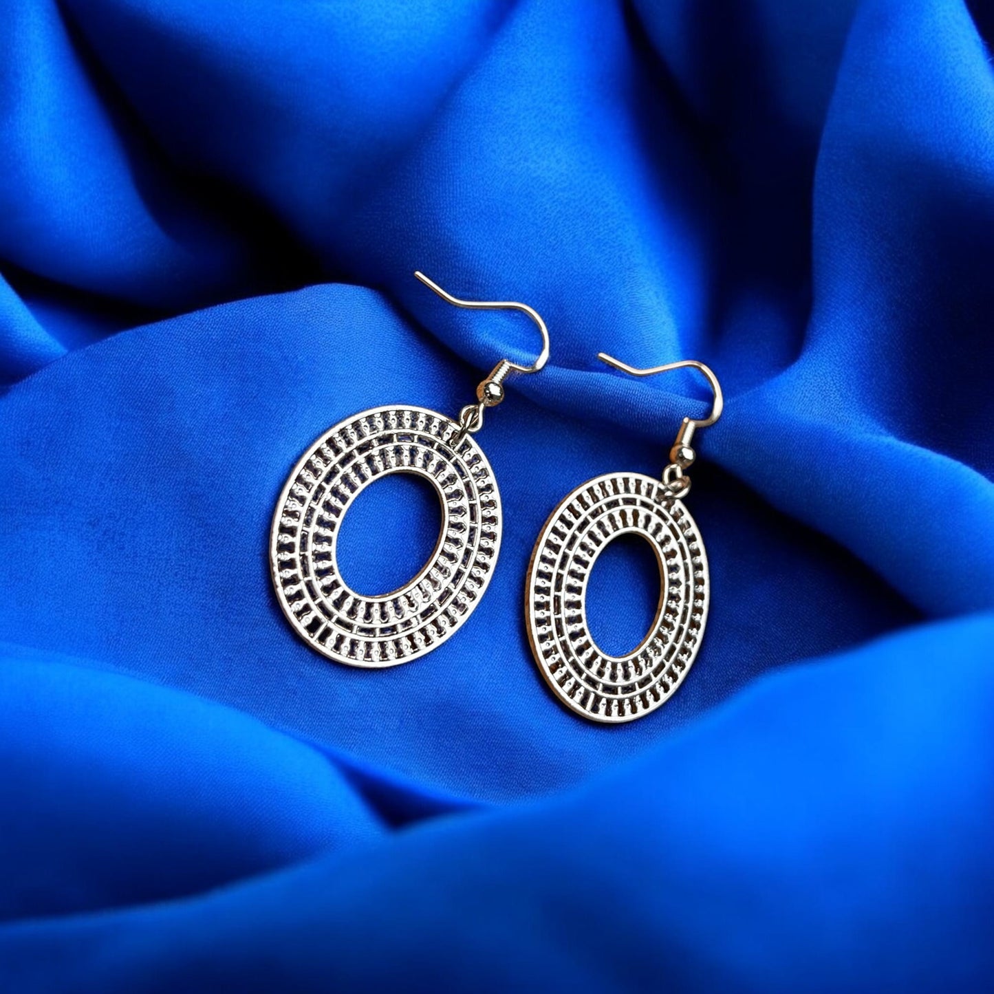 Large Silver Openwork Oval Earrings | Geometric Statement Dangles