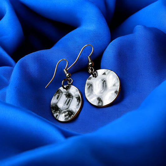 Textured Silver Disc Drop Earrings | Minimalist Round Dangle Earrings