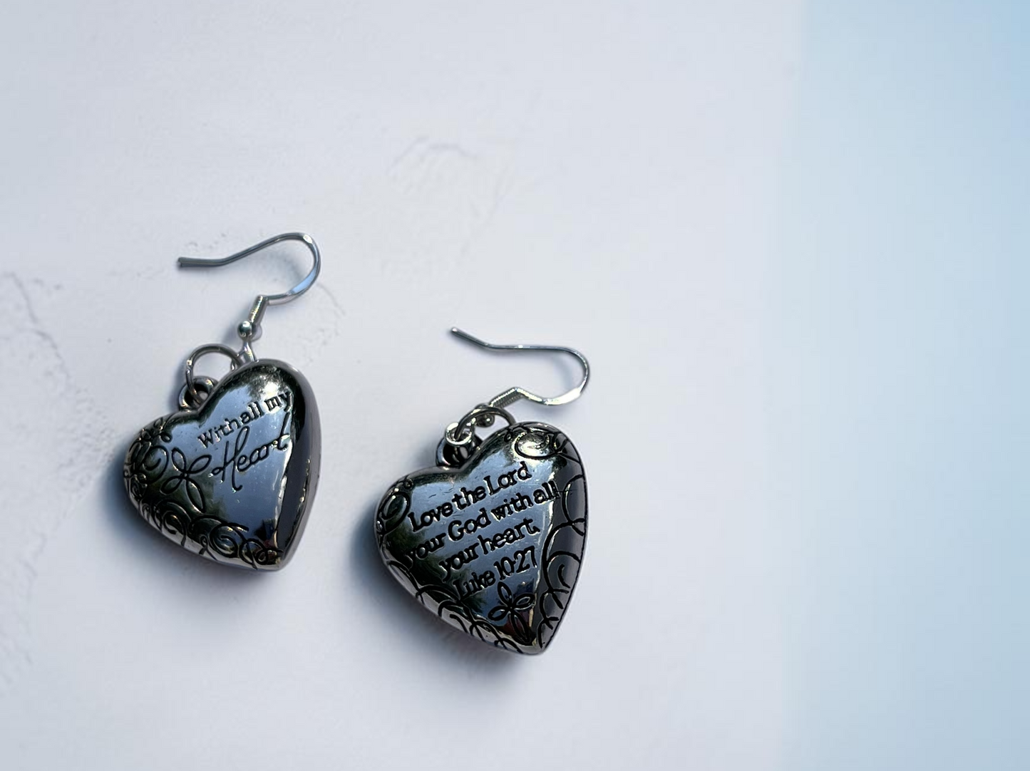 Luke 10:27 Silver Heart Scripture Earrings