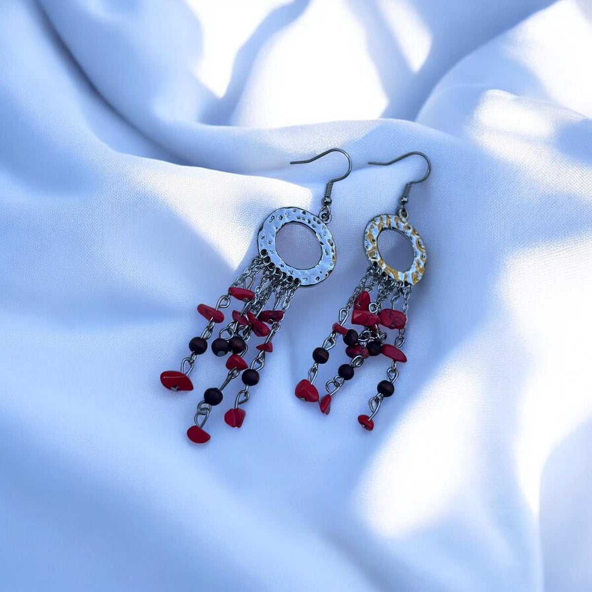 Boho Fringe Earrings Hammered Silver Hoop Dangles