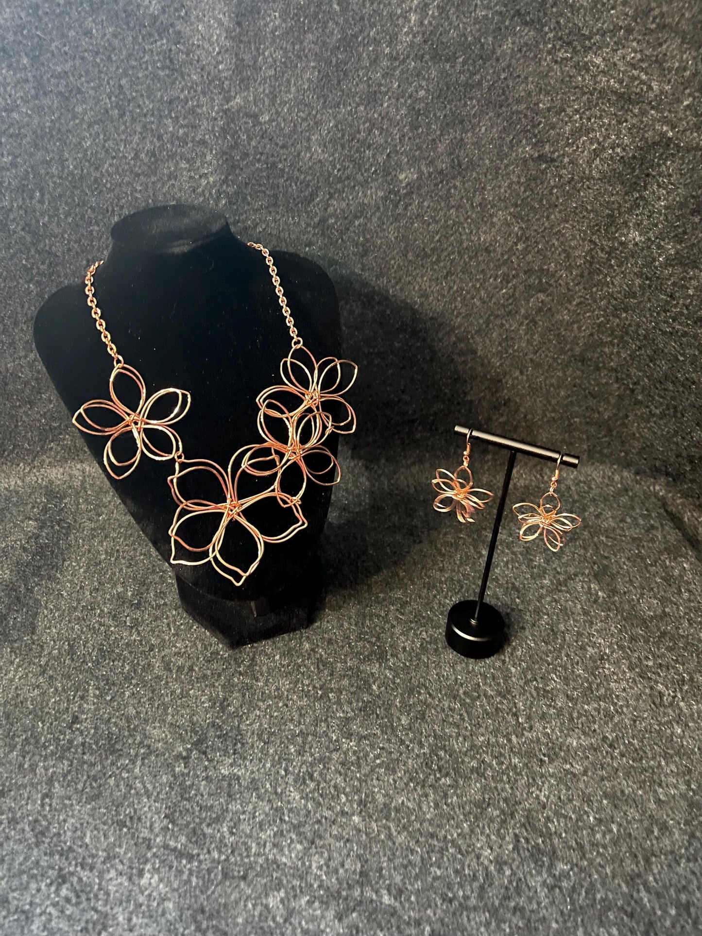 Boho Copper Wire Flower Necklace and Earrings Set | Sculptural Statement Collar Jewelry