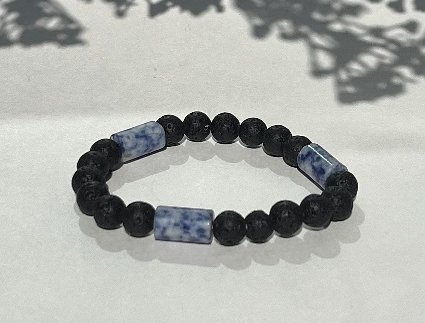 Black Lava Stone Bracelet with Blue Sodalite Style Beads, Men’s Stretch Bracelet, Unisex Minimalist Jewelry, Grounding Stone Gift