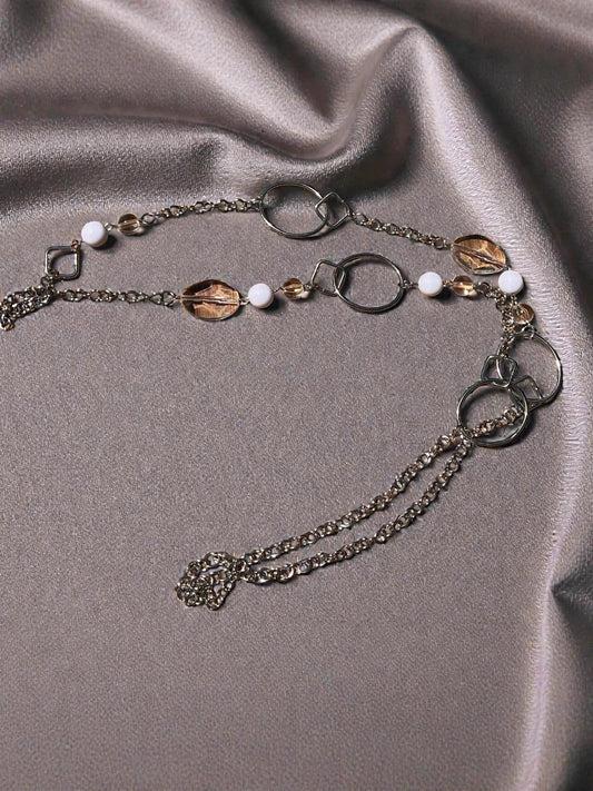 Long Silver Statement Necklace, Modern Geometric Necklace, Crystal Beaded Long Necklace, Minimalist Silver Chain Necklace, Everyday Chic