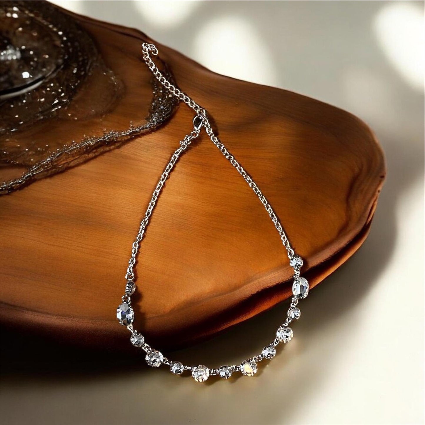 Silver Crystal Station Necklace, Elegant Bridal Wedding Jewelry