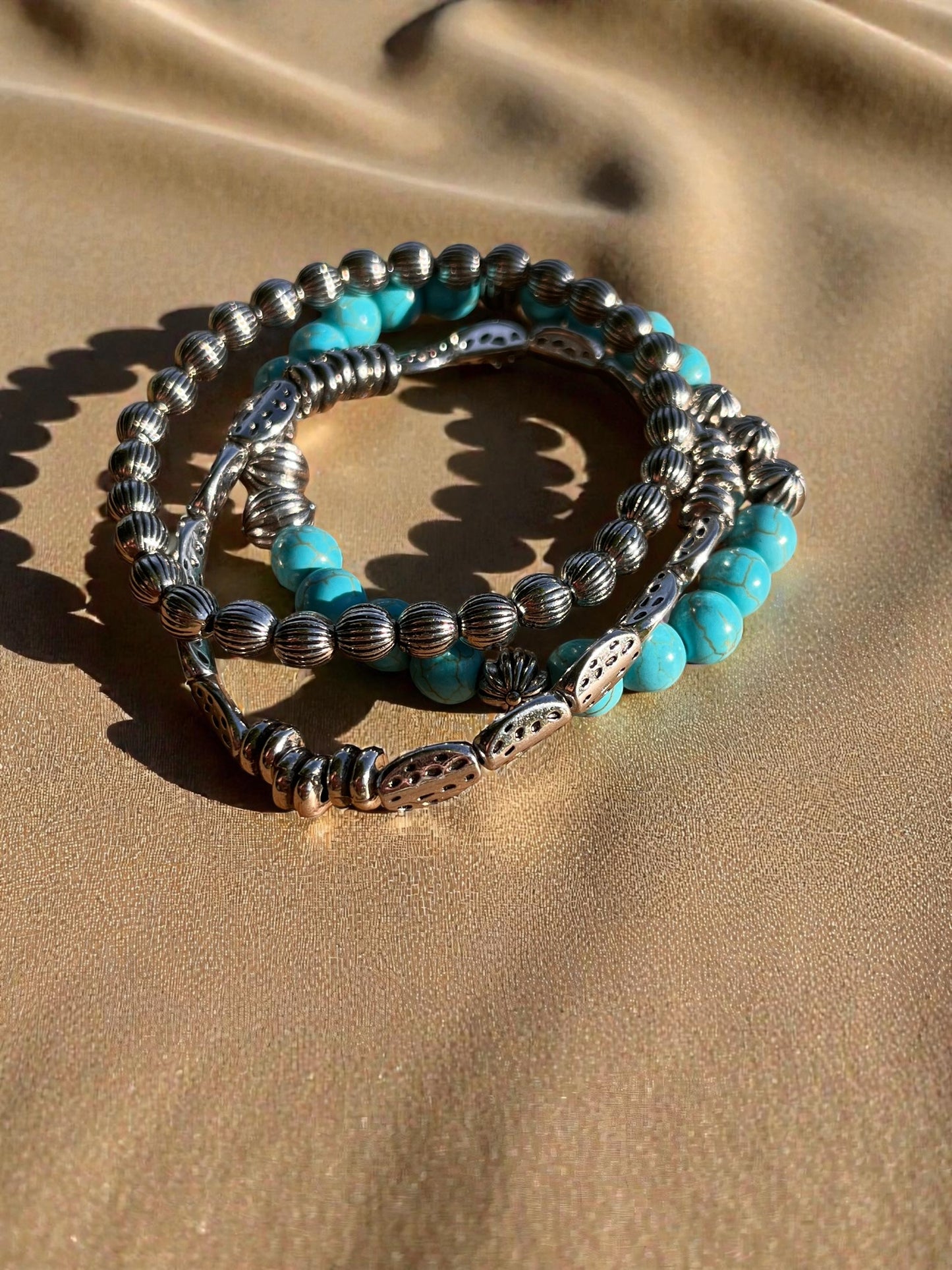 Turquoise Beaded Bracelet Set, 3 Piece Silver Stack, Boho Southwestern Jewelry, Stretch Bracelets, Layered Bracelet Set, Gift for Her