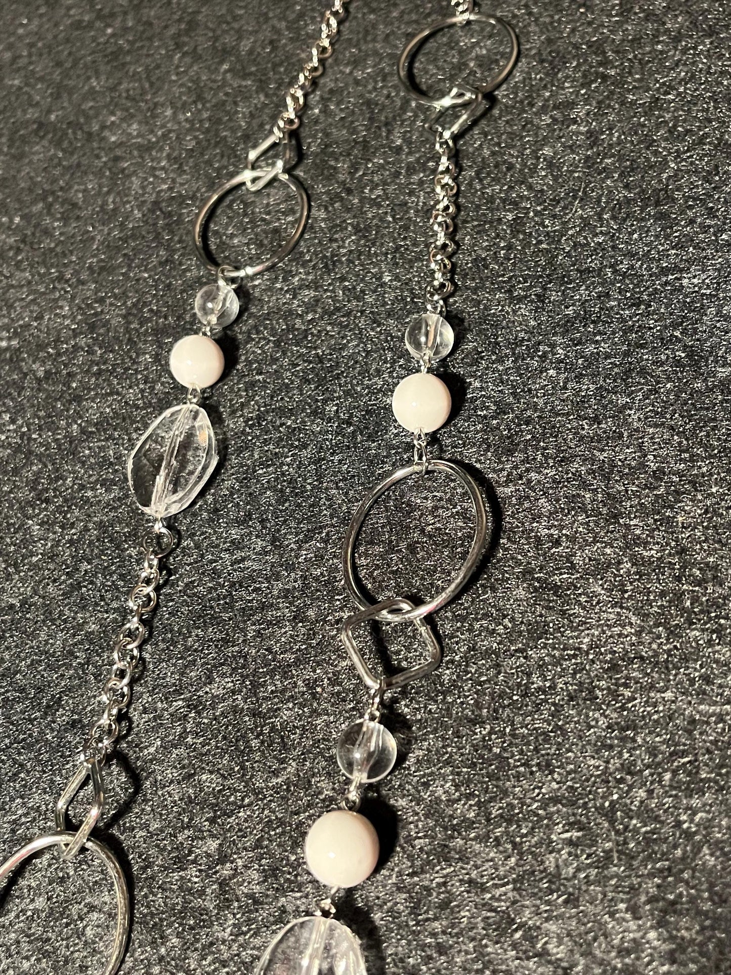 Long Silver Statement Necklace, Modern Geometric Necklace, Crystal Beaded Long Necklace, Minimalist Silver Chain Necklace, Everyday Chic