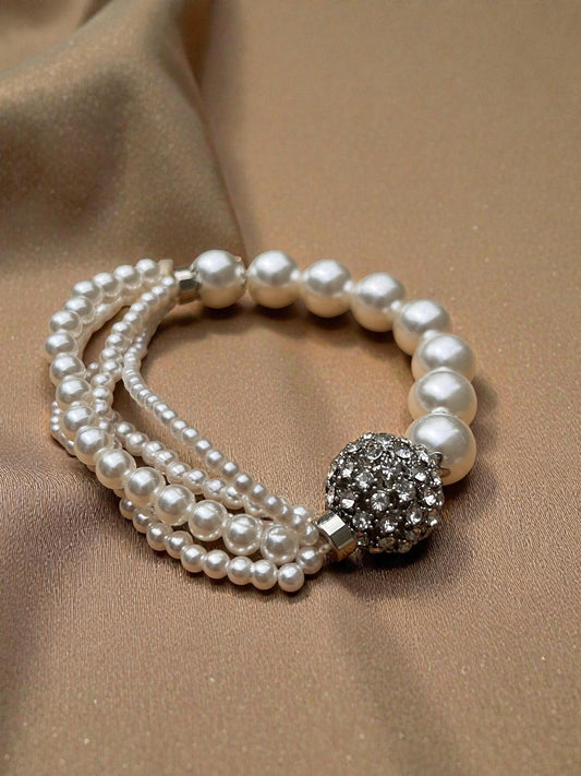 Pearl Statement Bracelet with Rhinestones | Bridal Pearl Bracelet | Vintage Glam Wedding Jewelry | Multi Strand Pearl Elegant Bracelet