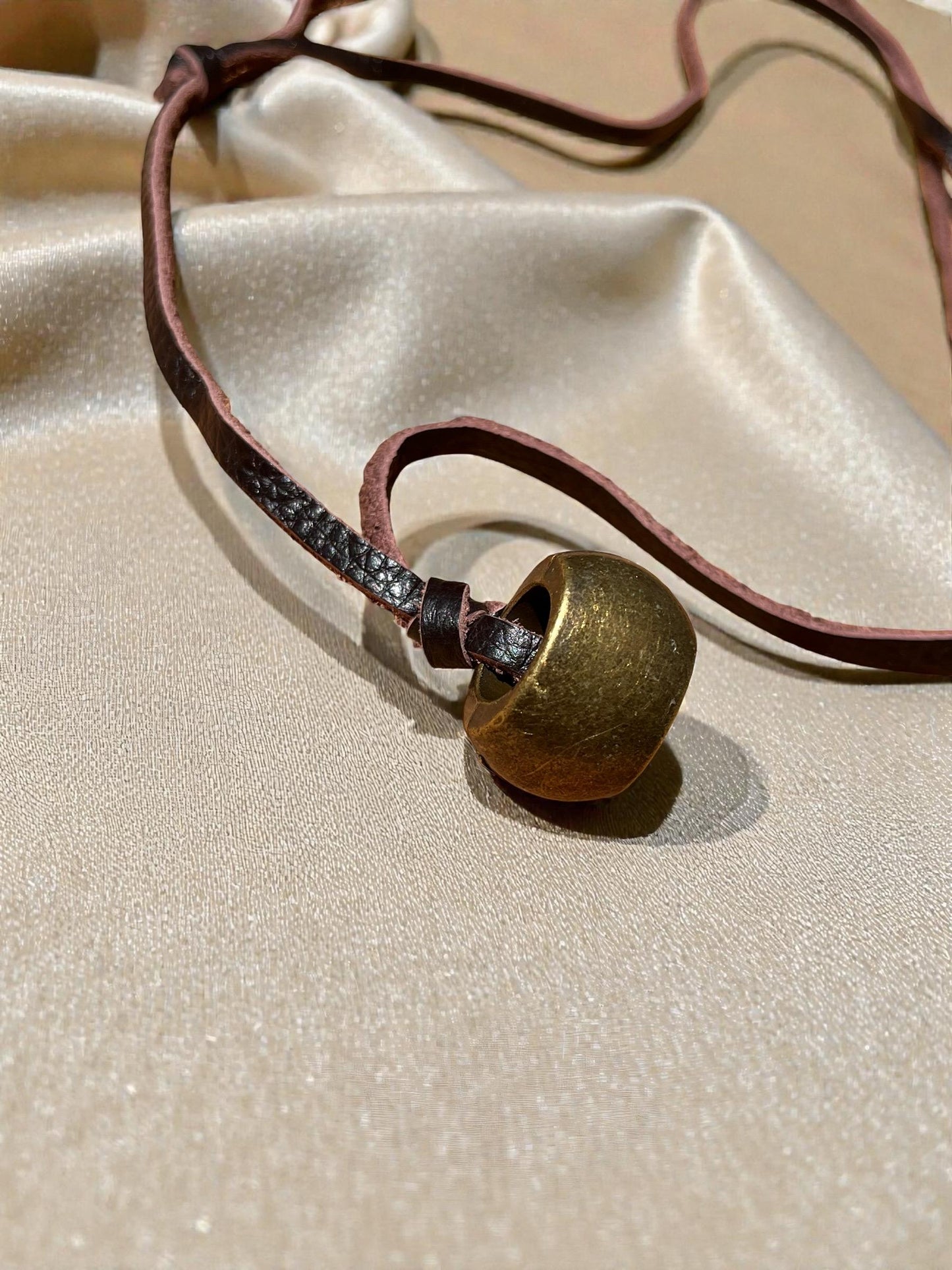 Rustic Leather Cord Pendant Necklace | Boho Leather Necklace with Antique Brass Bead | Minimalist Unisex Jewelry | Earthy Bohemian Necklace