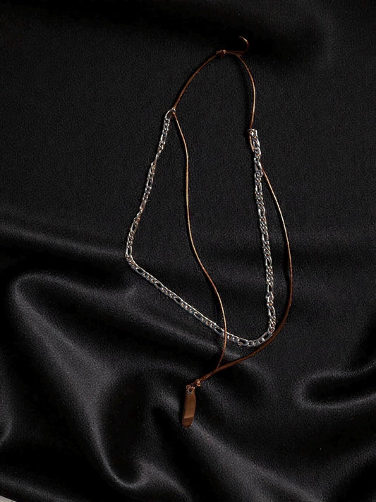 Boho Leather Cord Stone Pendant Necklace, Layered Chain Necklace for Men, Rustic Minimalist Jewelry, Adjustable Bohemian Necklace