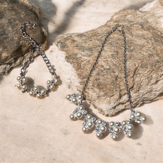 Pearl Bridal Jewelry Set, Necklace  Bracelet, Rhinestone Accents, Silver Tone