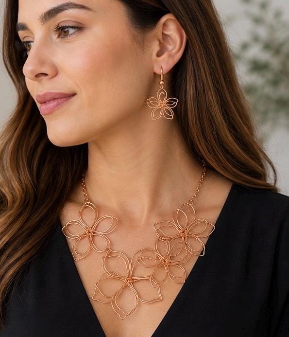 Boho Copper Wire Flower Necklace and Earrings Set | Sculptural Statement Collar Jewelry