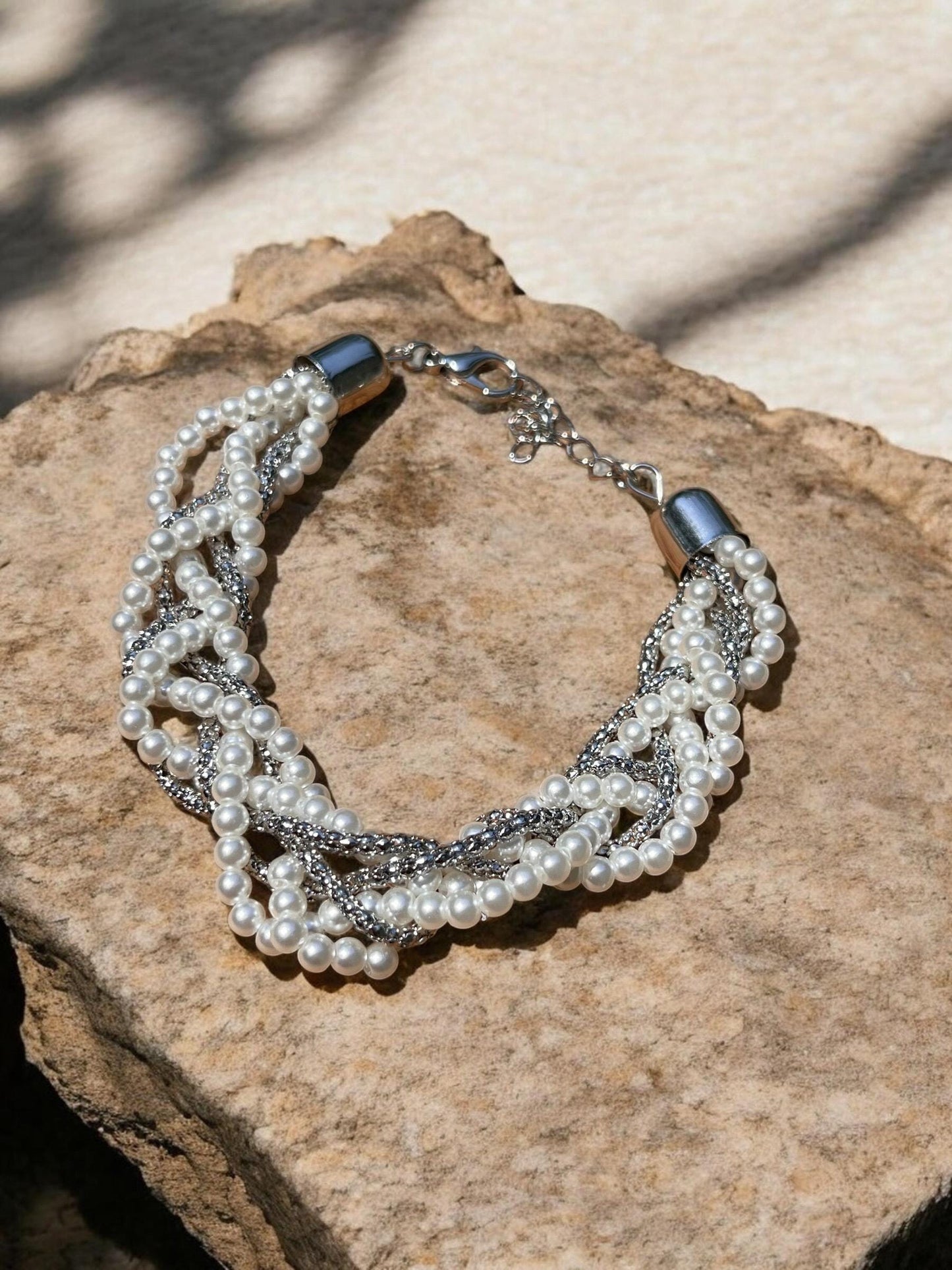 Ivory Pearl Jewelry Set, Bridal Necklace Bracelet Earrings, Woven Statement Set