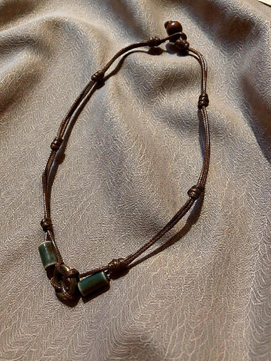 Boho Adjustable Cord Necklace for Men, Artisan Ceramic Bead Necklace, Rustic Earth Tone Pendant Necklace, Minimalist Bohemian Jewelry