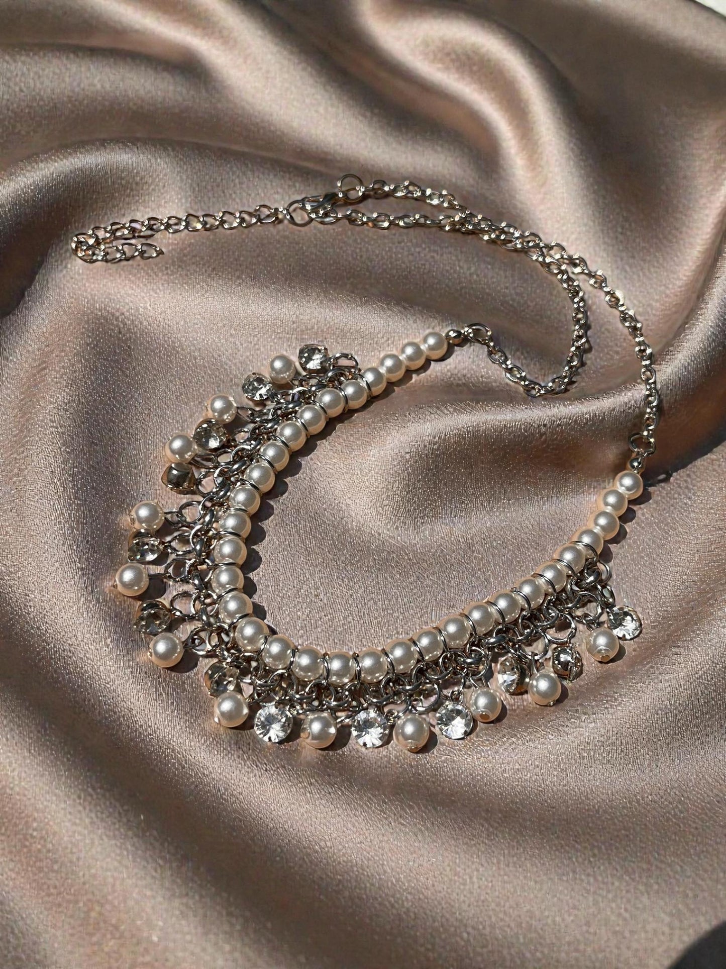 Pearl Bridal Jewelry Set, Necklace Earrings Bracelet, Rhinestone Elegant Wedding Accessory