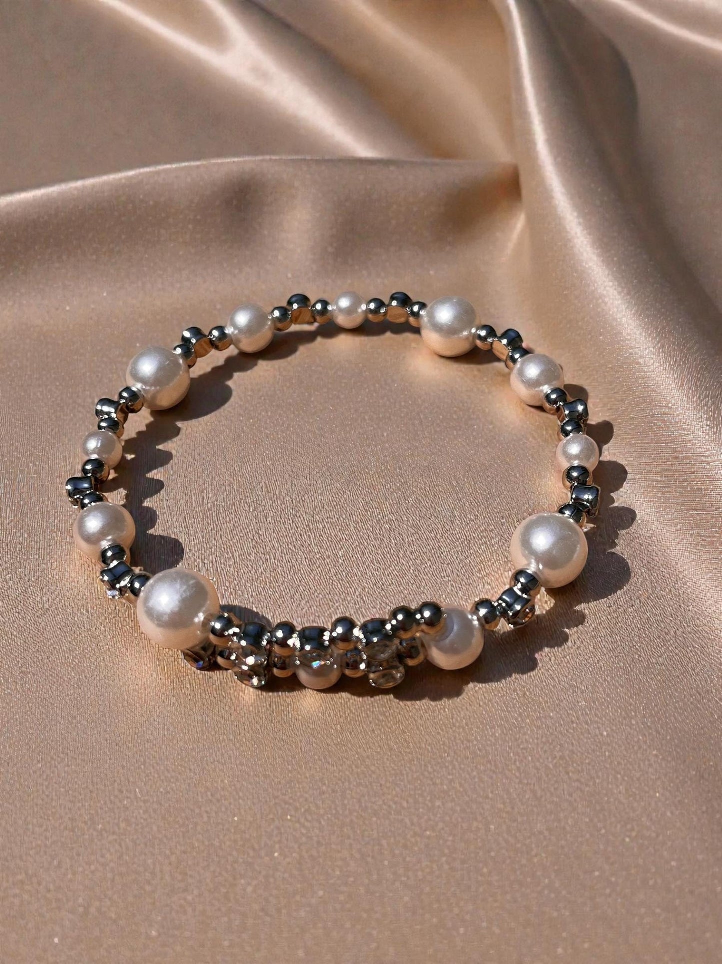 Pearl Bridal Jewelry Set, Necklace Earrings Bracelet, Rhinestone Elegant Wedding Accessory
