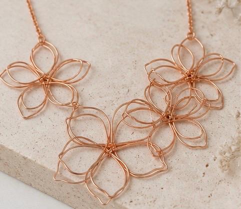 Boho Copper Wire Flower Necklace and Earrings Set | Sculptural Statement Collar Jewelry