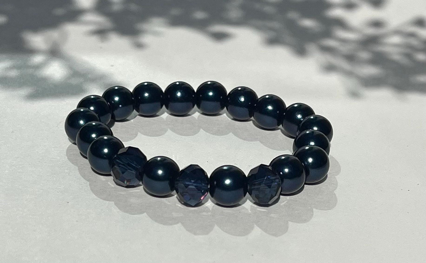 Navy Beaded Bracelet, Stretch Bracelet with Crystal Accents, Minimalist Black Jewelry, Elegant Stackable Bracelet, Everyday Bracelet, Gift