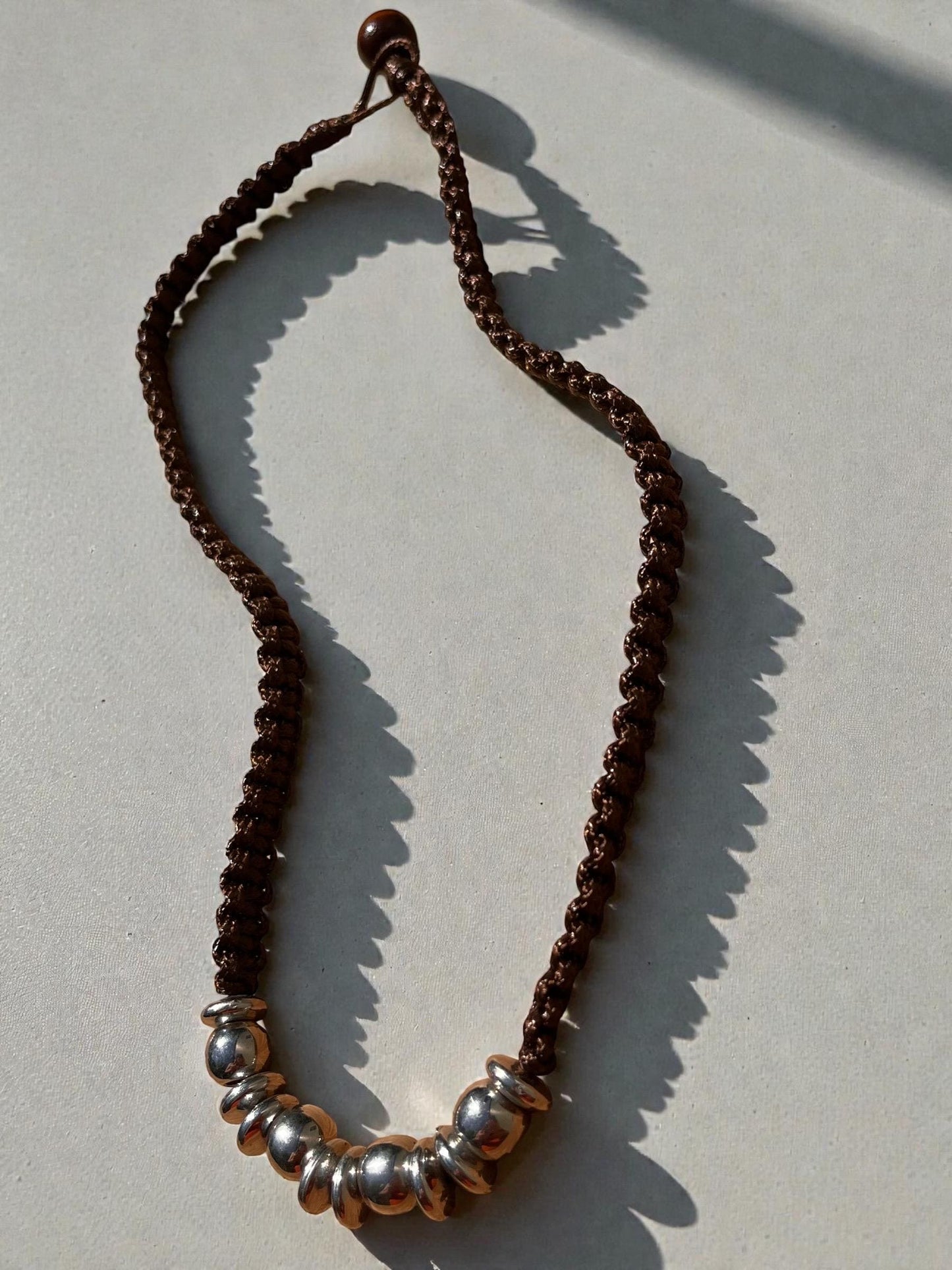 Brown Braided Cord Necklace | Silver Bead Boho Necklace | Minimalist Unisex Jewelry | Rustic  Cord Necklace