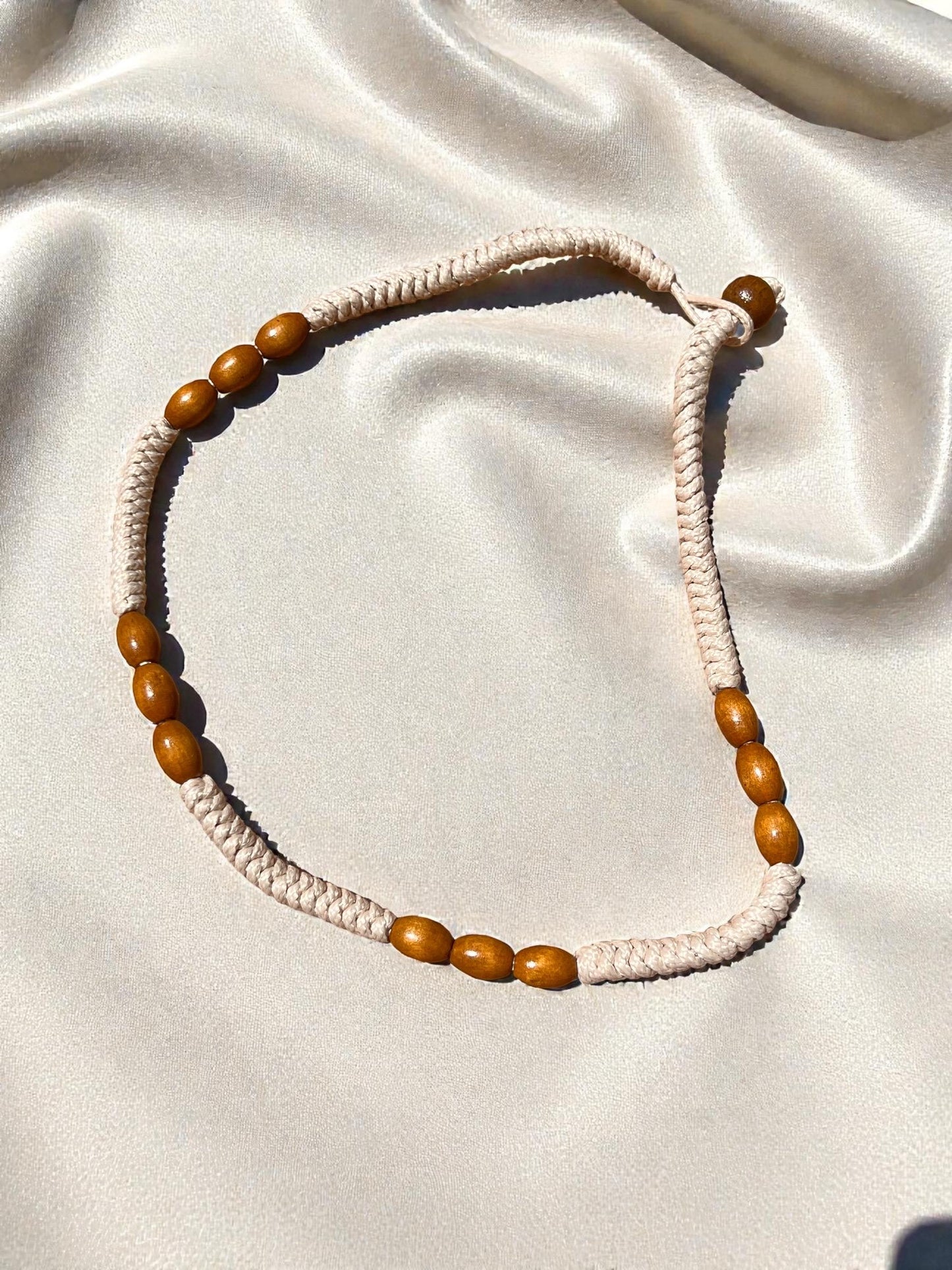 Cream Braided Cord Necklace with Wooden Beads | Neutral Boho Necklace | Minimalist Beach Jewelry | Lightweight Artisan Necklace