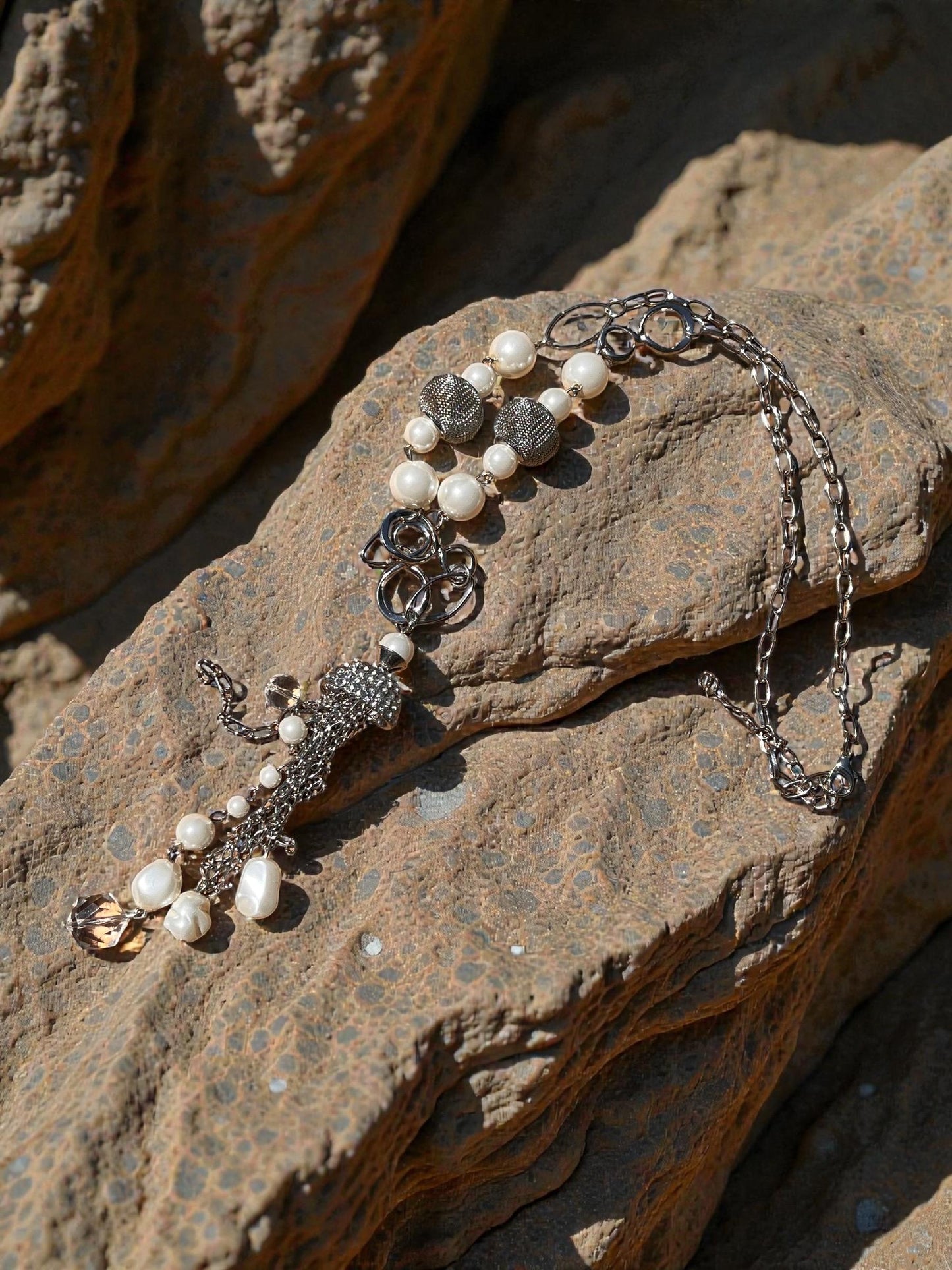 Crystal Pearl Tassel Necklace | Elegant Bridal Wedding Jewelry