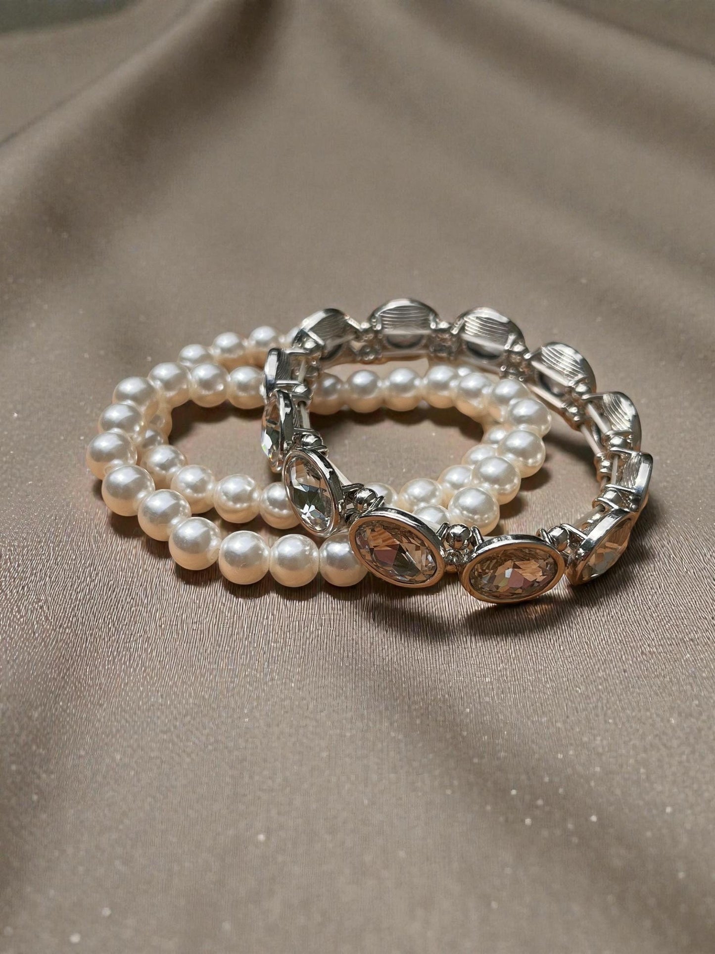 Pearl Bracelet Set with Rhinestones | Bridal Jewelry Set | Elegant White Beaded Stretch Bracelets | Wedding Jewelry | Classic Glam