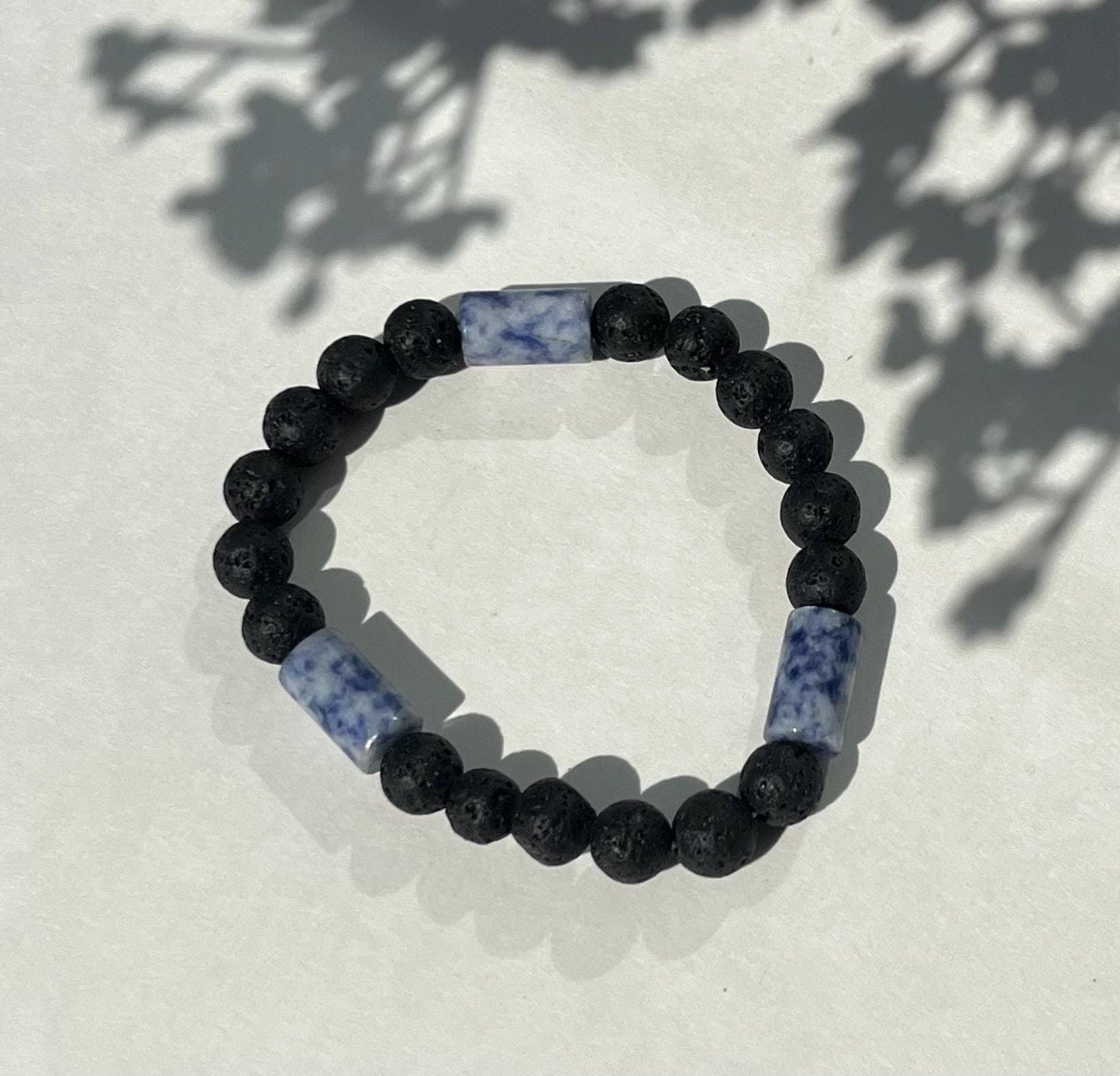 Black Lava Stone Bracelet with Blue Sodalite Style Beads, Men’s Stretch Bracelet, Unisex Minimalist Jewelry, Grounding Stone Gift
