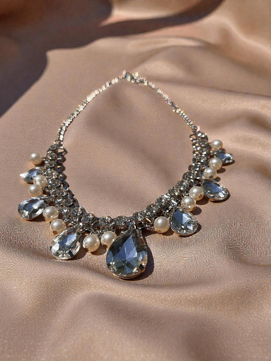 Crystal Statement Necklace with Pearls, Glam Rhinestone Necklace, Bridal Statement Jewelry, Wedding Guest Necklace, Elegant Silver Crystal