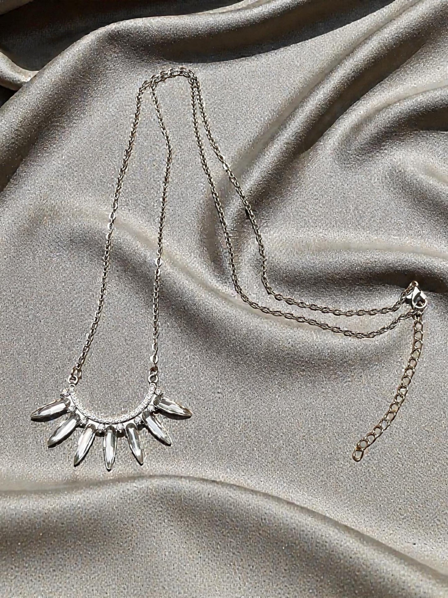 Silver Sunburst Crystal Spike Necklace, Bohemian Statement Jewelry