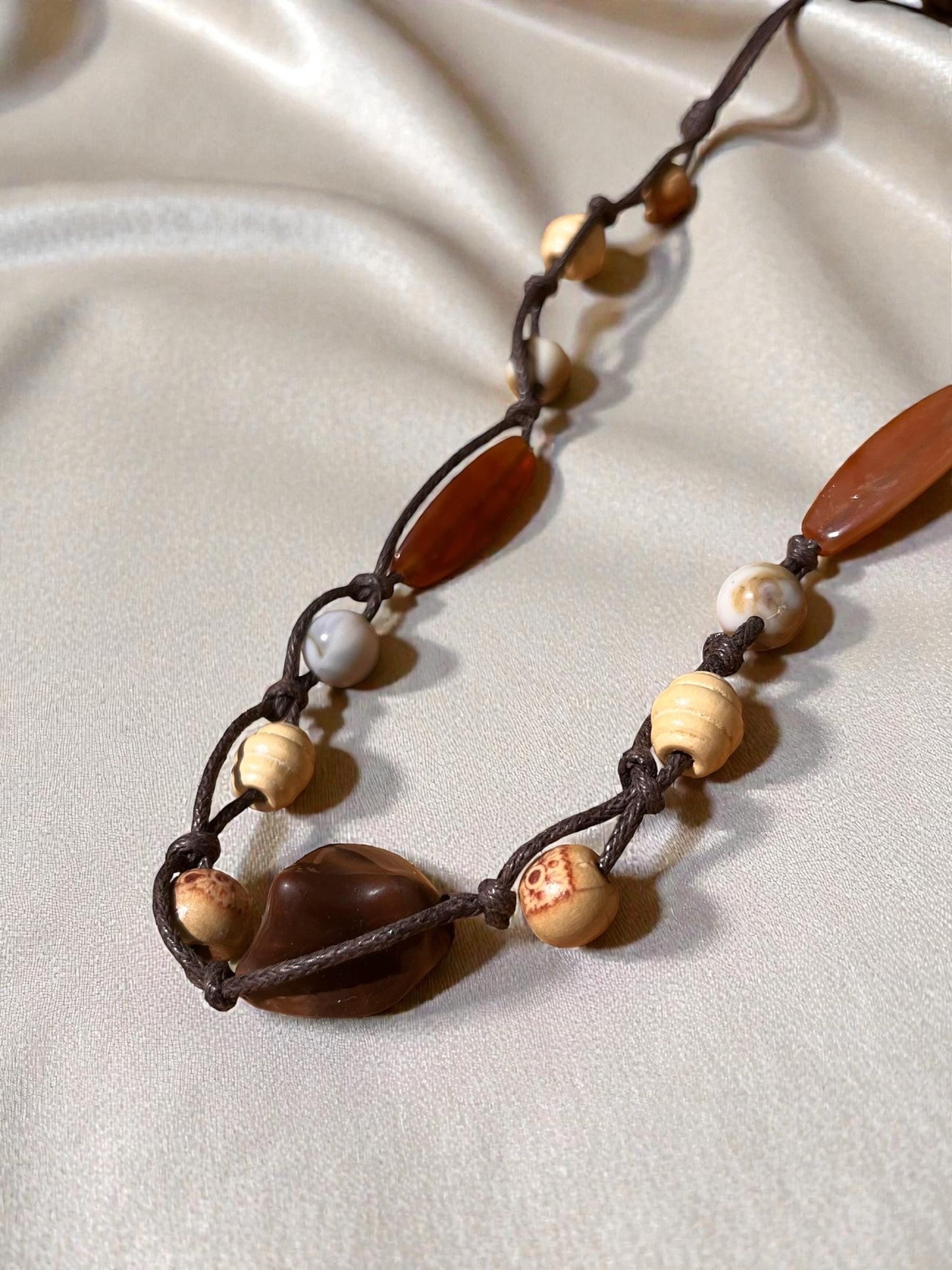 Earthy Boho Beaded Necklace | Adjustable Cord Necklace | Natural Stone & Wood Bead Jewelry | Artisan Bohemian Necklace