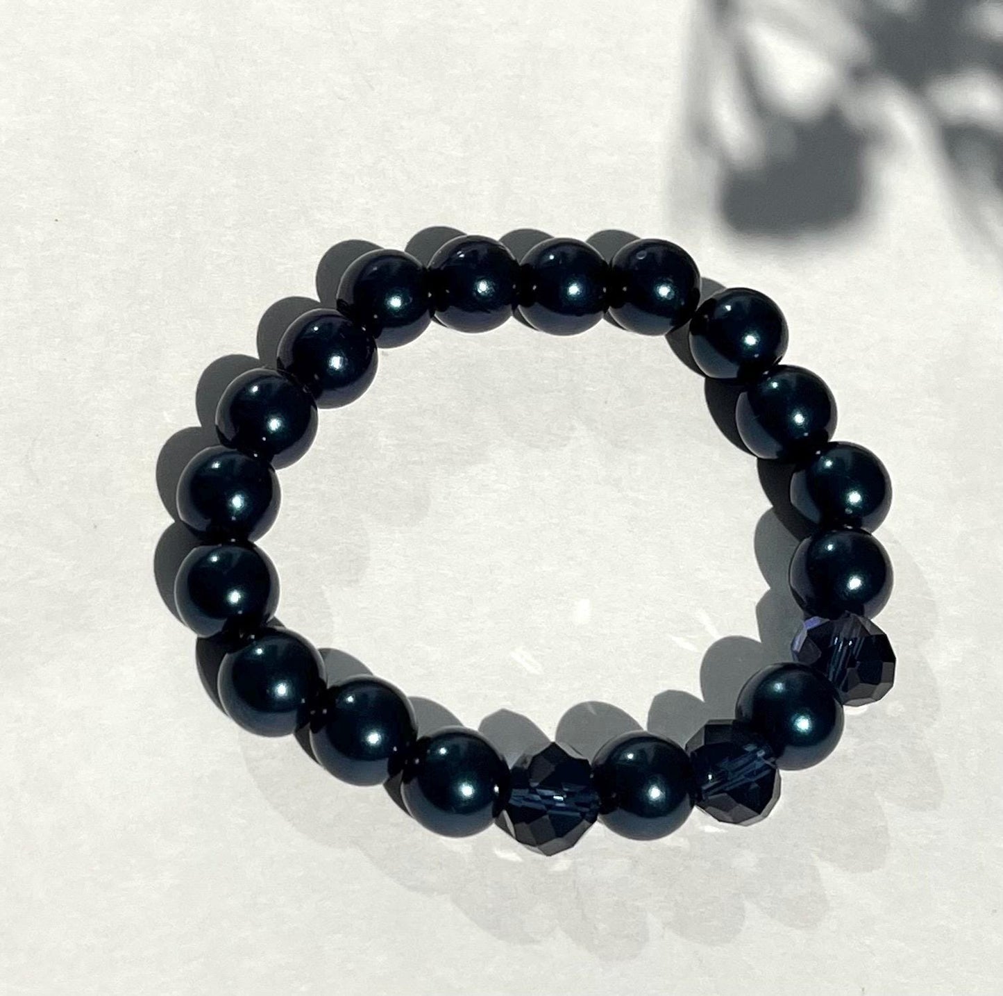 Navy Beaded Bracelet, Stretch Bracelet with Crystal Accents, Minimalist Black Jewelry, Elegant Stackable Bracelet, Everyday Bracelet, Gift